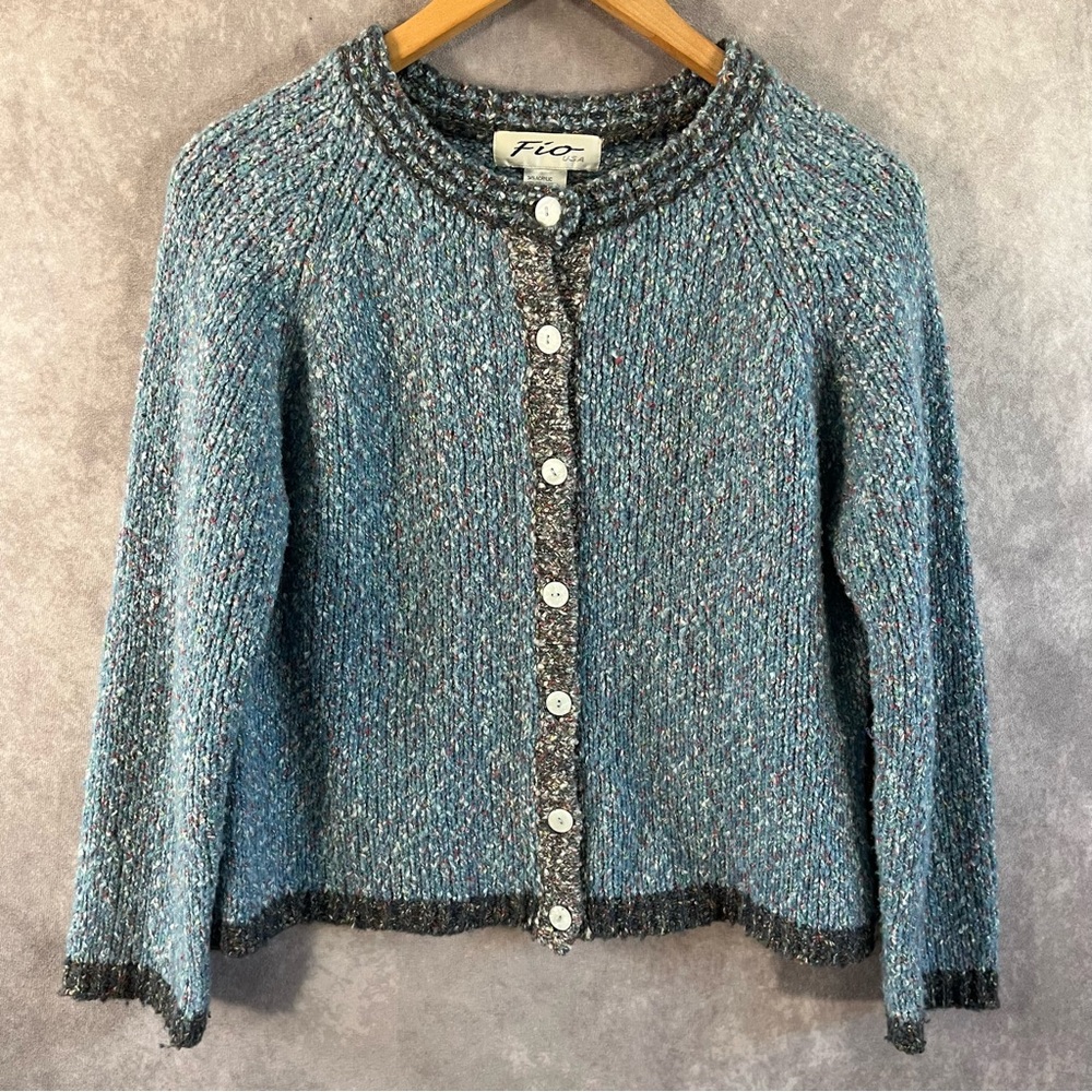Vintage Fio Cardigan Womens Medium Chunky Knit Sweater Button Up Patch Sleeve